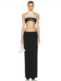 Vestido de dos piezas Bevenccel 2023 Juego de vendaje para mujeres de verano Fit Slim Short Top y Long Sexy Black Mesh Splice Elegant