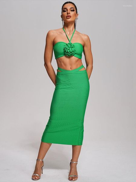 Robe deux pièces BEVENCCEL 2023 femmes vert Sexy haut moulant 2 moulante mi-mollet pansement fleur célébration discothèque fête ensemble