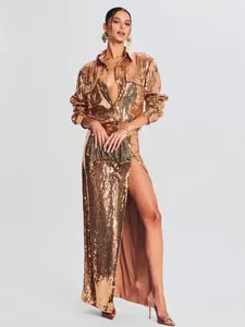 Tweedelige jurk BEVENCCEL damesset met pailletten, sexy gouden lange mouw, splitrok met bovenrand, elegante feestnachtclub