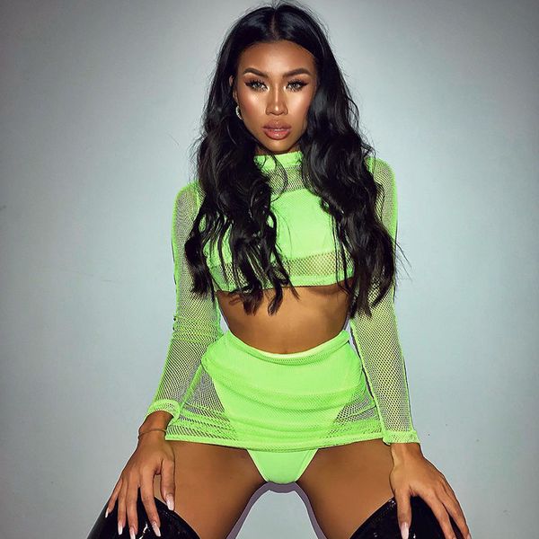 Robe de deux pièces BKLD Mode Néon Vert Femmes Ensembles À Manches Longues Seethrough Crop Tops Avec Mini Jupe Moulante 2 Pièces Sexy Club Tenues 230504