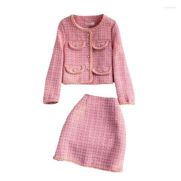 Vestido de dos piezas Blazer Mini faldas Trajes Mujer Conjunto corto a cuadros Otoño Rosa Blanco Chaqueta de tweed delgada Media falda Conjuntos de dos piezas para mujer