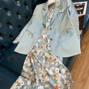 Tweedelige jurk blazer set elegante mode twee pakken lente herfst gebakken straatjack floral sling es 2 sets 230324