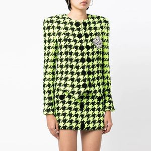 Tweedelige jurk blazer sets Houndstooth wollen escent groen rok jasje pak voor vrouwen 2023 kantoorkleding ronde nek set 230303