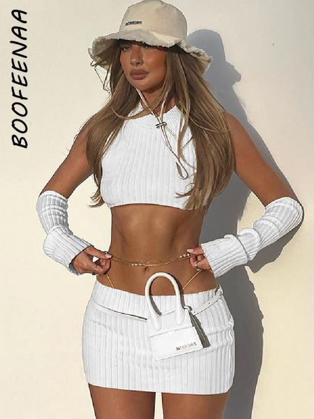 Robe Deux Pièces BOOFEENAA Tout Blanc Tricoté Deux Pièces Club Tenues Femmes Sexy Robe Moulante avec Manches Bras Crop Top et Jupe Ensembles C15-BE19 230711