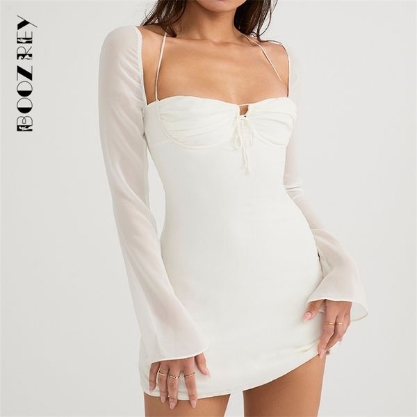 Robe Deux Pièces BoozRey Sexy En Mousseline De Soie Maille Mini Femmes Low Cut Halter Solide À Manches Longues Blanc Fille Club Party Babydoll Moulante 220906