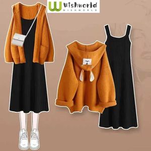 Tweedelige jurk Cartoon schattige gebreide trui hoodie slanke riem elegante dameset winter outfits