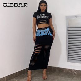 Robe à deux pièces Cibbar Imprimé de mode creux out out Street O cou Cascus Crop Top High Long Jirt Cost Summer Femed Tenues 230414