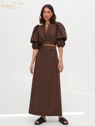 Robe Deux Pièces Clacive Mode Lâche Marron Lin 2 Ensemble Femmes Tenue D'été À Manches Courtes Crop Shirt Avec Taille Haute Jupes Longues Femme 230506