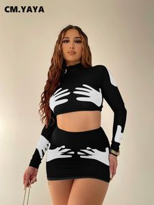 Tweedelige jurk CM.YAYA Mode Vrouwen Hand 3d Gedrukt Bodycon Midi Mini Rok Jurk Pak en Lange Mouw Crop Tee Top Twee 2 Delige Set Outfits 230620