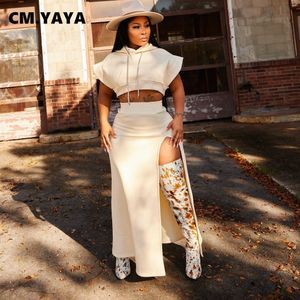 Tweedelige jurk CM.YAYA Street Basic Dames Set Flare Sleeve Hooded Tops en High Side Maxi Skirts Suit Matching 2 Outfits 230325