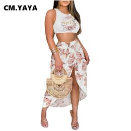 Robe deux pièces CM YAYA femmes ensemble imprimé sans manches Crop débardeurs hauts fendus midi jupes longues 2 ensembles mode Streetwear tenues d'été 230630