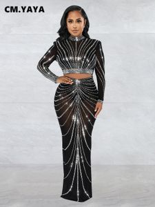 Tweede stuk jurk cmyaya elegang mesh zie hoewel diamanten strass Maxi lange midi -rokken sets voor vrouwen sexy feest twee 2 -delige set outfits 230228