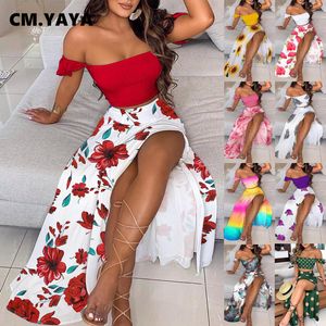 Robe Deux Pièces CMYAYA Femmes Boho Élégant Haut Split Maxi Jupes Longues Costume avec Bretelles Crop Tops Assortis Deux 2 Pièces Ensemble Tenues 230424