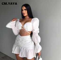 Tweedelige kleding CMYAYA Women Twee 2 -delige set outfits Elegante lantaarn mouw crop tops en ruches Mermaid Mini Skirts Suit bijpassende set herfst 230228