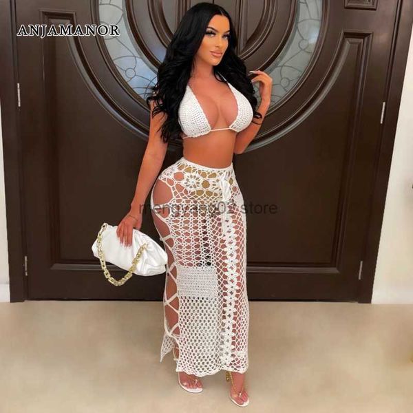 Vestido de dos piezas Crochet All White Conjunto de 2 piezas Bikini Top y falda Sexy See Through Beach Party Outfit Vestido de vacaciones D48-GG36 T230510