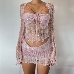 Deux pièces robe crochet tricoté robe deux pièces jupe ensembles Sexy Crop Tops tricot robe à paillettes été femmes vêtements élégant 2 pièces ensemble tenue 230713