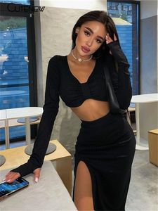 Tweede stuk jurk schattige elegante solide zwarte 2 stuks set dames outfit lange mouwen crop tophigh taille side sleuf rokken bijpassende lady streetwear 230403