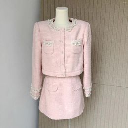 Vestido de dos piezas Chica delicada Traje rosa Trabajo pesado Con cuentas de encaje Pequeña chaqueta de fragancia Mujer Oficina de otoño Mujer