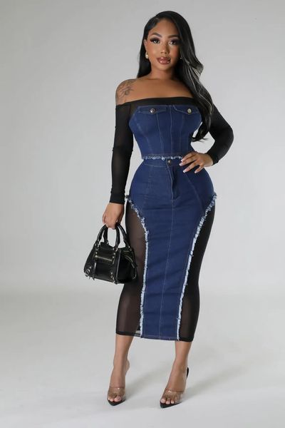 Robe en deux pièces Denim Set Outfit Sexy Mesh Sheer Jupe Patchwork Manches longues Slash Neck Night Club Tenues à 231201