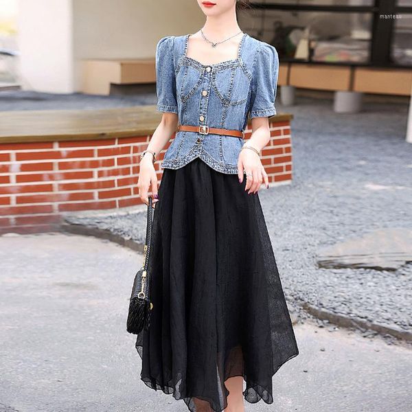 Deux pièces robe Denim jupe costumes ensemble été élégant dame petits manteaux à manches courtes veste maille Tulle Midi correspondant