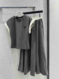 Tweedelige jurk ontwerper Modieuze casual luie modieuze set met bijpassende kleur gekrulde rand en schouder mouw top+elastische grote paraplu swing rok DC6D