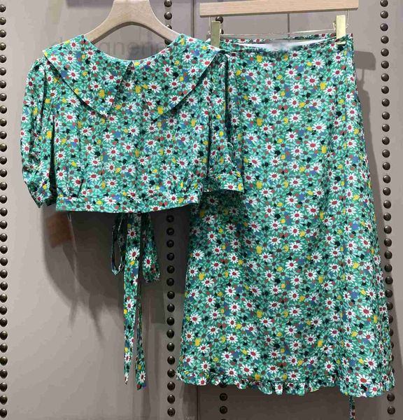 Robe deux pièces Designer jupe assortie de célébrité haut de gamme design plissé avec ensemble floral vert frais H9RZ