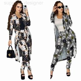 Tweedelige kledingontwerper J2900 Autumn Nieuwe stijl Forens Women's Casual Print Large Hem Set 2 Colors QB04