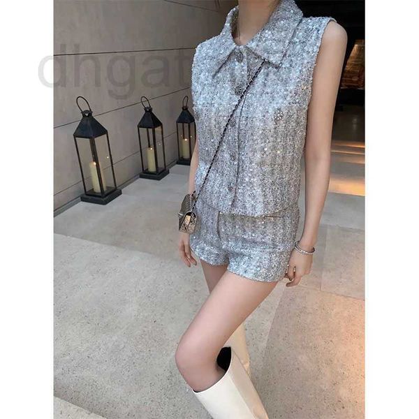 Diseñador de vestidos de dos piezas Marca de lujo Tweed Shorts Pie Shorts Sets Fashion Lapa Sleeveless Chaqueta y traje gris LNE6