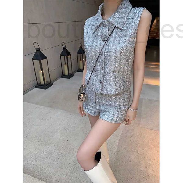 Diseñador de vestidos de dos piezas Marca de lujo Tweed Shorts Juegos de pistas Juegos de solapa de moda Chaqueta sin mangas y traje gris 3727