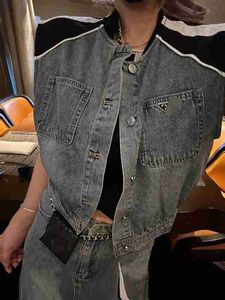 Tweedelige jurk designer Triangle Mini Chapter Denim gesplitst mouwloos vest Vest + splitbroek Halve lengte casual set QWKK