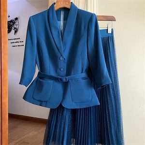 Tweedelige kledingontwerper Vintage Elegant 2 PCS Set Plaid Suit Coat Mesh Rok Vrouwen kantoorwerk dames 230222