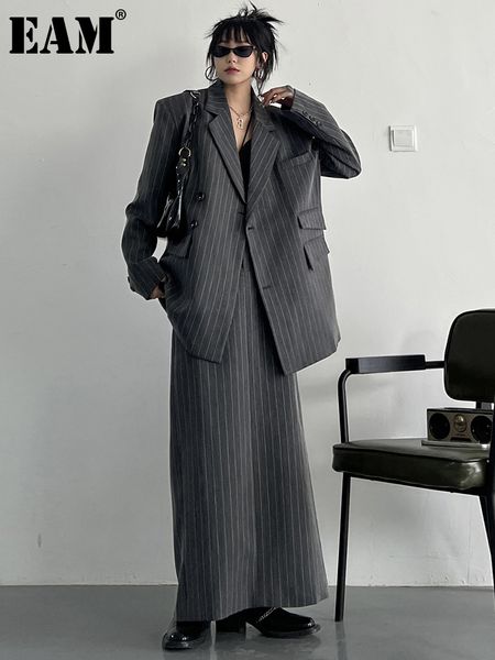 Robe en deux pièces Eam Halfbody Jupe Grey Striped Big Size Pieces Suit Abèle Long Manche Fonde Fashion Spring Automne 2023 1D802 230410