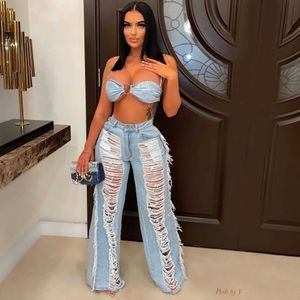 Tweedelige jurk Echoine Nieuwe sexy denim tweedelige set Lace Up Ring BH-top Uitgesneden gat Kwastje Jeans Zomerfeest Nacht Clubwear Outfits T230113