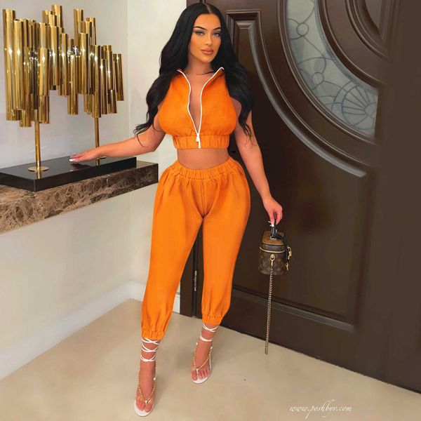 Robe Deux Pièces Echoine Orange Fermeture Éclair Col Montant Sans Manches Débardeur Court Crop Top Pantalon Ensemble Survêtement Sexy Deux Pièces Ensemble Survêtement D'été T230113