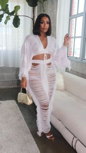 Vestido de dos piezas Elegante Hollow Out Hole Tassel 2 Set Mujeres Sexy Lace Up V Neck Crop Top Faldas largas Skinny Club Party Beach Outfits 2023 230715