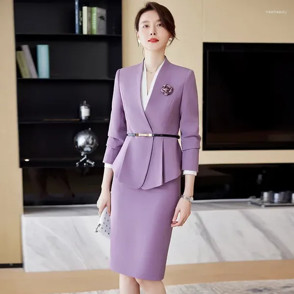 Robe de deux pièces élégantes dames formelles longueur genou jupe costume femmes rose noir violet entretien d'affaires vêtements de travail blazer à col en v ensembles