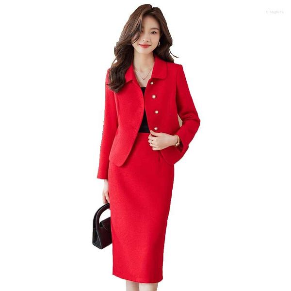 Robe de deux pièces élégante rouge noir beige dames jupe costume femmes femme femme simple boutonnage ensemble formel pour automne hiver vêtements de travail d'affaires