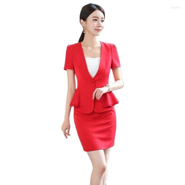 Vestido de dos piezas Elegante Rojo Delgado Moda 2 Tops y falda para damas Salón de belleza Uniforme formal Estilos Blazers Conjuntos Ropa de trabajo de verano