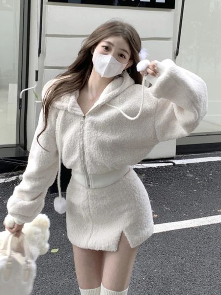 Robe de deux pièces élégante solide jupe deux pièces ensembles femmes fermeture éclair veste à capuche fendue mini automne hiver sexy tenues de style coréen 231216
