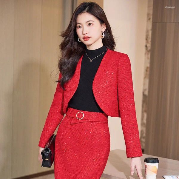 Robe en deux pièces Elegant Tweed Women Jupe Suit 2023 automne hivernle noir rouge bleu Businet Formal Jacket Office Lady 2 Blazer Set