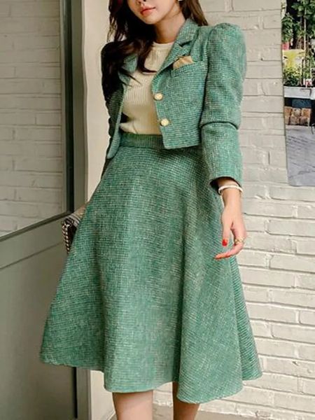 Robe de deux pièces élégante veste en laine Tweed et jupe longue ensemble deux pièces femmes automne hiver robe costume créateur de mode vert fête Outf 2024