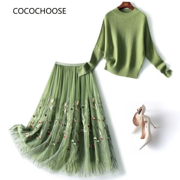 Vestido de dos piezas Vestido bordado Conjuntos Mujer Trajes de dos piezas Primavera Otoño Suéter de punto Top de manga larga y falda de tul Traje verde XXL 230512