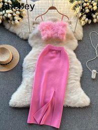 Vestido de dos piezas Conjunto de dos piezas en tricot rosa para mujer corte alto Sexy jupe longue fendue a taille elastique mode solide 231206