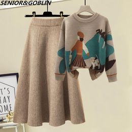 Vestido de dos piezas est otoño invierno de alta calidad de manga larga de punto suéter suelto suéter mujeres cintura alta una falda de línea de punto conjunto de 2 piezas 230403