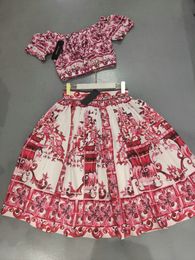 Tweedelige jurk Europese en Amerikaanse dames zomer 2022 nieuwe condoleerriem Koninklijk bedrukt vest Katoenen plooirok Modepakken