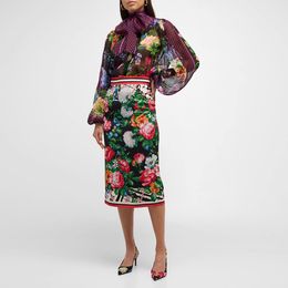 Tweedelige jurk European Fashion band Zwarte zijden bloemenprint top met hoge hals en kokerrok met lange mouwen