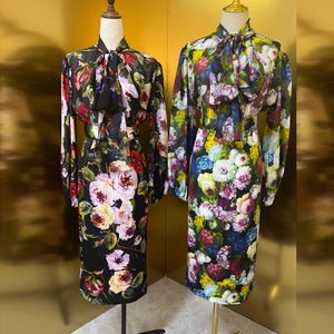 Tweedelige jurk European Fashion band zwart paars zijden bloemenprint lint top kokerrok met lange mouwen