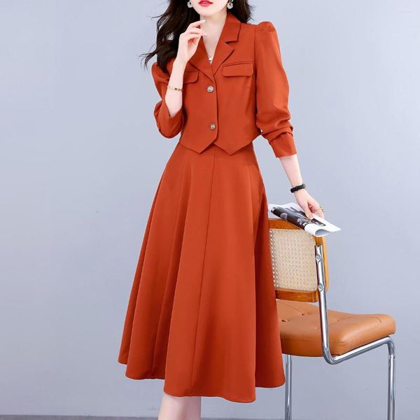 Vestido de dos piezas Otoño Fragancia pequeña Conjunto vintage Mujeres Crop Top Blazer corto Chaqueta Abrigo Línea A Faldas medias Conjuntos 2 Trajes Casual