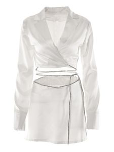 Robe de deux pièces automne d'hiver blanc satin haute taille en dentelle crop top et à la jupe courte costume de bandage cardigan à manches longues 230509