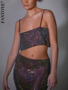 Tweedelige Jurk Fantoye Glitter Crystal Diamond Fonkelende Vrouwen Rok Pak Spaghetti Visnet Sets Vrouwelijke Club Party Outfit 230612